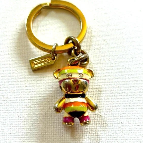 COACH RARE Metal Vintage Legacy Striped Teddy Bear Keychain w Gemstone Eyes GUC - Picture 6 of 7